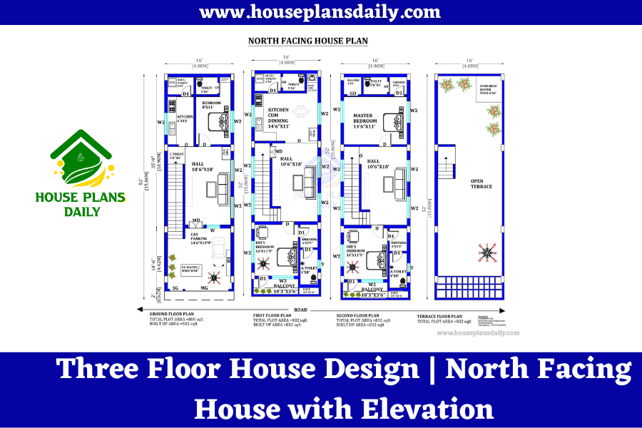 Three Floor House Design | North Facing House with Elevation