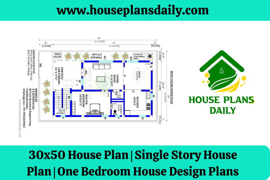 30x50 House Plan | Single Story House Plan | One Bedroom House Design Plans