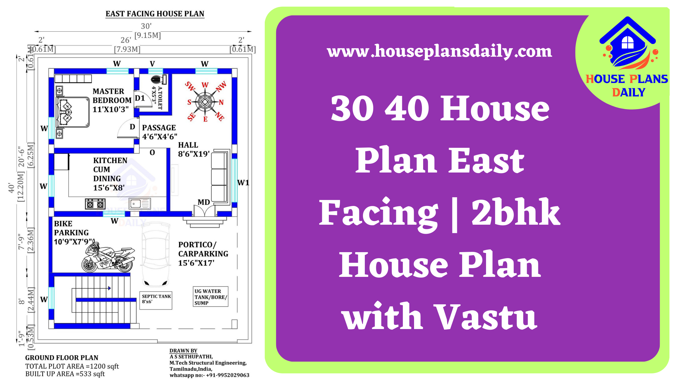 30 40 House Plan East Facing | 2bhk House Plan with Vastu