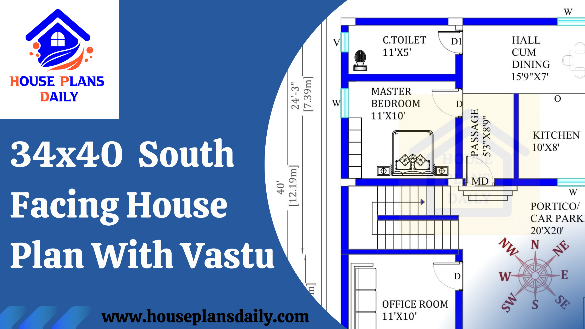 34x40 South Facing House Plan With Vastu