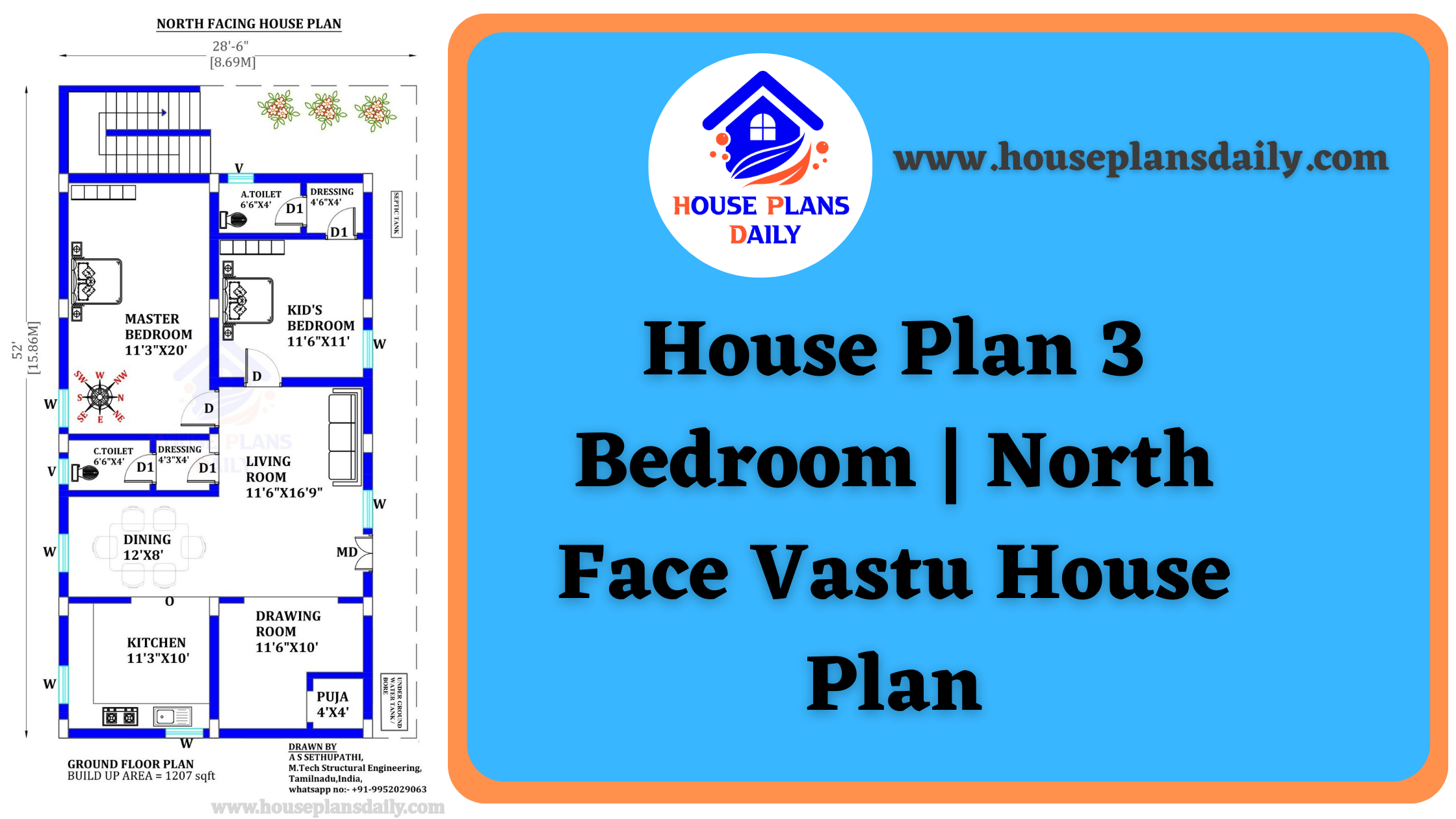 House Plan 3 Bedroom | North Face Vastu House Plan